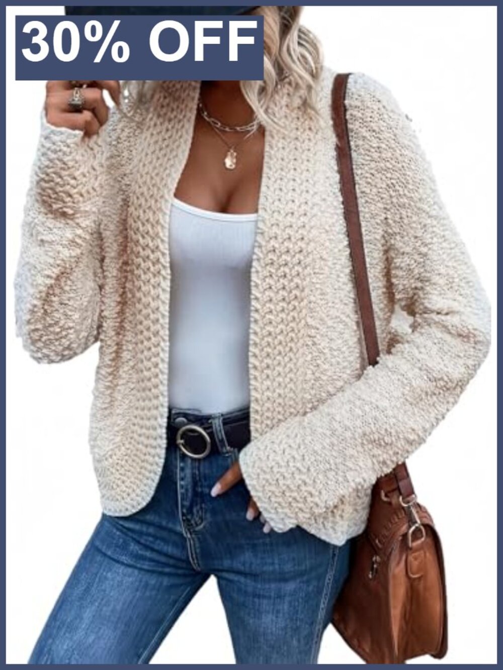 Chunky Knit Open Front Cardigan Popcorn Cable Knit Loose Fit Fall Winter